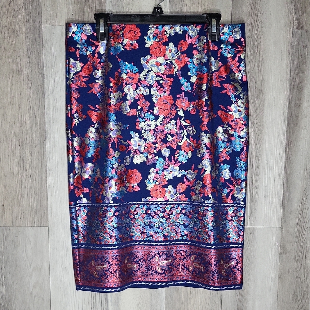 ECI New York Navy Floral Metallic Pencil Skirt‎ Above Knee Elegant Foiled Print